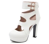 Women's European Style Platform High Heels Pointed Toe Cut Out Sandal Boots Chunky Block Heel Double Buckle Strap Fashion Dress Shoes,White,3 UK