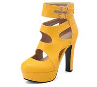Women's European Style Platform High Heels Pointed Toe Cut Out Sandal Boots Chunky Block Heel Double Buckle Strap Fashion Dress Shoes,Yellow,8 UK
