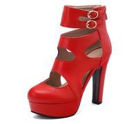 Women's European Style Platform High Heels Pointed Toe Cut Out Sandal Boots Chunky Block Heel Double Buckle Strap Fashion Dress Shoes,Red,12 UK