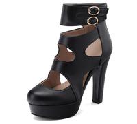 Women's European Style Platform High Heels Pointed Toe Cut Out Sandal Boots Chunky Block Heel Double Buckle Strap Fashion Dress Shoes,Black,2 UK