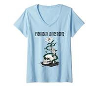 Women's Even Death Leaves Roots - Philosophical Nature Art Skull V-Neck T-Shirt