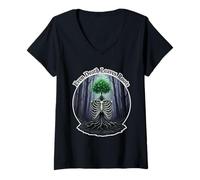 Women's Even Death Leaves Roots - Philosophical Nature Art Skull V-Neck T-Shirt