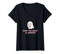Women's Even The Ghost is Worried Anxiety Humor Spooky Halloween V-Neck T-Shirt