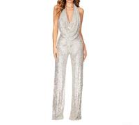 Women's Evening Attire Sleek Sleeveless Sequined Jumpsuit Featuring Elegant Flared Legs Style (L Silver)