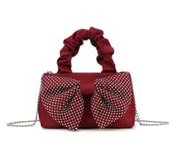 Women's Evening Clutch Bag, Rhinestone Bow Detail, Satin Ruched Handle, Chain Strap (Cherry/Red)