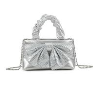 Women's Evening Clutch Bag, Rhinestone Bow Detail, Satin Ruched Handle, Chain Strap (Silver)