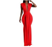 Womens Evening Gowns Sleeveless V-Neck Solid Color Dress Summer Cocktail Party Club Dress Plus Size Ball Gowns Maxi Long Dresses Red