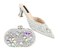 Women's Evening Heels Sparkling Mini Bag Set Italian Design Rhinestone Shoes with Matching Clutch for Wedding Silver