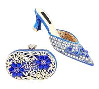 Women's Evening Heels Sparkling Mini Bag Set Italian Design Rhinestone Shoes with Matching Clutch for Wedding Royal Blue