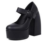 Women's Evening Shoes with Block Heel & Buckle Strap, Mary Jane Platform Formal Heels for Wedding & Events, Soft Lining (Extended Sizes),Black,4.5 UK