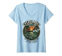 Women's Everglades National Park Florida Retro Badge Alligator Heron V-Neck T-Shirt