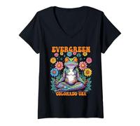 Womens Evergreen Colorado USA Colorful Frog Zen Design V-Neck T-Shirt