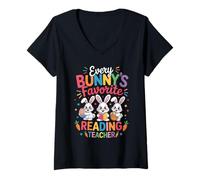 Women's Every Bunny Favorite Reading TeacherEaster Bunny Book Lover V-Neck T-Shirt