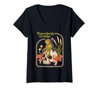 Womens Everybody Croaks Frog Skull Mushroom Retro Funny Adult Humor V-Neck T-Shirt