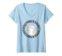 Womens Everything is Alright Positive Quote Smile Cat Daisy Flower V-Neck T-Shirt