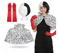 Womens Evil Dog Lady Costume Set - Black and White Wig Red Cape and Long Gloves Villain Inspired Fancy Dress Outfit for Halloween Parties Book W nd Themed Events