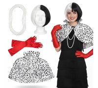 Womens Evil Dog Lady Costume Set - Black and White Wig Red Cape and Long Gloves Villain Inspired Fancy Dress Outfit for Halloween Parties Book W nd Themed Events