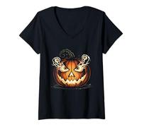 Womens Evil Pumpkin Eyeball Smoke V-Neck T-Shirt