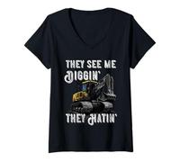 Womens Excavator Construction Vehicle Backhoe They See Me Digging V-Neck T-Shirt