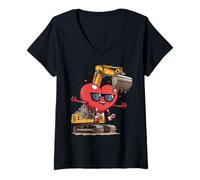 Women's Excavator Heart Operator Construction Truck Valentine's Day V-Neck T-Shirt