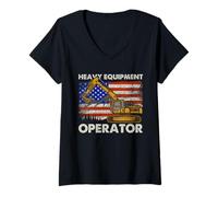 Women's Excavator Heavy Equipment Operator American Flag Art V-Neck T-Shirt