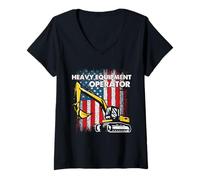 Women's Excavator Heavy Equipment Operator American Flag Art V-Neck T-Shirt