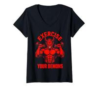 Women's Exercise Your Demons Workout Devil Funny Gym V-Neck T-Shirt