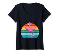 Women's Exotic Retro Pink Flamingo with Sunglasses V-Neck T-Shirt