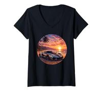 Women's Exotic Supercar Sunset Beach Drive Retro Vintage V-Neck T-Shirt