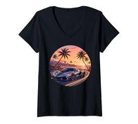 Women's Exotic Supercar Sunset Coastal Drive Retro Vintage V-Neck T-Shirt