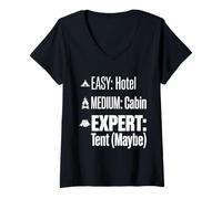 Women's Expert Tent Camping Humor Easy Hotel Medium Cabin Graphic V-Neck T-Shirt