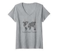 Womens Explore Dream Discover - Tribal World Map Travel Vibes V-Neck T-Shirt