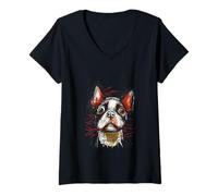Women's Expressive Boston Terrier Sketch Art Dog Lover Design V-Neck T-Shirt