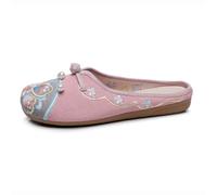 Women's Exquisite Flower Embroidered Backless Flat Mules Chinese Style Elegant Cheongsam Shoes Lightweight Comfort Closed Toe Slippers Fashion Sandals(Pink,4 UK)