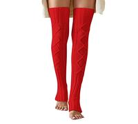 Women's Extra Long Stirrup Leg Warmers Winter Knitted Over Knee Thigh High Footless Socks, Red, One Size