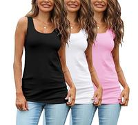 Womens Extra Long Tank Tops Cotton Camisoles Basic Layering Sleeveless Undershirts 3 Pack, Black/White/True Pink, S