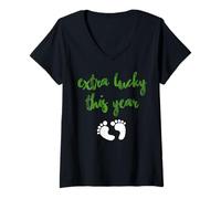 Womens Extra Lucky New Baby Arrival Humor with Cute Footprints V-Neck T-Shirt