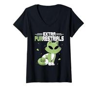Women's Extra Purrestrials Alien Celestial Cat Lover Outer Space UFO V-Neck T-Shirt