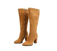 Women's Extra Wide Calf Knee High Boots - Suede Pointed Toe Chunky High Heel Mid Calf Boots for Daily Wear, Office, Dating,Brown,4.5 UK