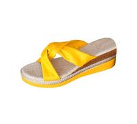 Womens Extra Wide Fit Wedges Chunky Wedge Sandals Women's Open Toe Platform Slide Sandals Knot Strap Casual Slippers With Breathable Linen Insole And Non Sandels Black Leather for (Yellow,6)