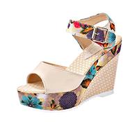 Women's Extra Wide Fit Wedges Womens Wedge Sandals Slope Sandal Unpositioned Heels National High Mouth Lace Women Sandals Printing Platform White Leather Size 5 Sandels for (Beige,6)