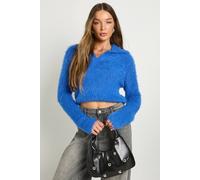 Womens Eyelash Knit Collar Detail Crop Jumper - Blue - S, Blue