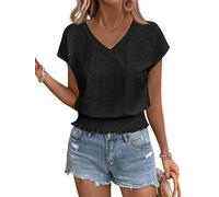 Womens Eyelet Embroidered Crop Top, V Neck Broderie Anglaise Blouse, Cap Sleeve Smocked Waist Summer Top, Lightweight Hollow Out Cotton Look Shirt for Holiday, Beach & Casual Wear Black