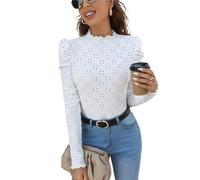 Women's Eyelet Embroidery Long Sleeve Eyelet Tops Textured Round Neck Frill Trim Plain Casual T Shirts(White,M)