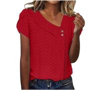 Womens Eyelet Short Sleeve Tops Solid V-Neck Button Down Shirts Summer Vacation Lounge Outdoor Hiking Blouse Red Tops for Women UK XXL