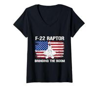 Womens F-22 Raptor Bringing The Boom Flag USA Fighter Jet Military V-Neck T-Shirt