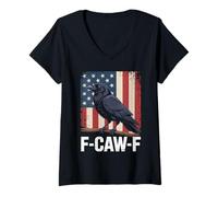 Womens F Caw F Black Crow Black Bird Retro USA Flag Vintage V-Neck T-Shirt