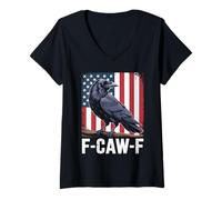 Womens F Caw F Black Crow Black Bird Retro USA Flag Vintage V-Neck T-Shirt