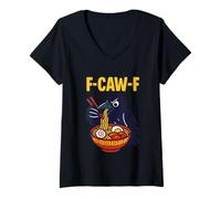 Womens F Caw F Crow Eating Ramen F-Caw-F Black Bird Raven Japan V-Neck T-Shirt
