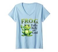 Women's F.R.O.G. Fully Rely on God Christian Frog V-Neck T-Shirt